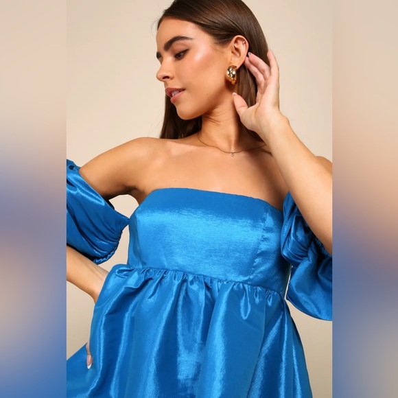 Lulus Sweet Vision Blue Taffeta Off The Shoulder Babydoll Mini Dress Size Medium - Picture 4 of 14